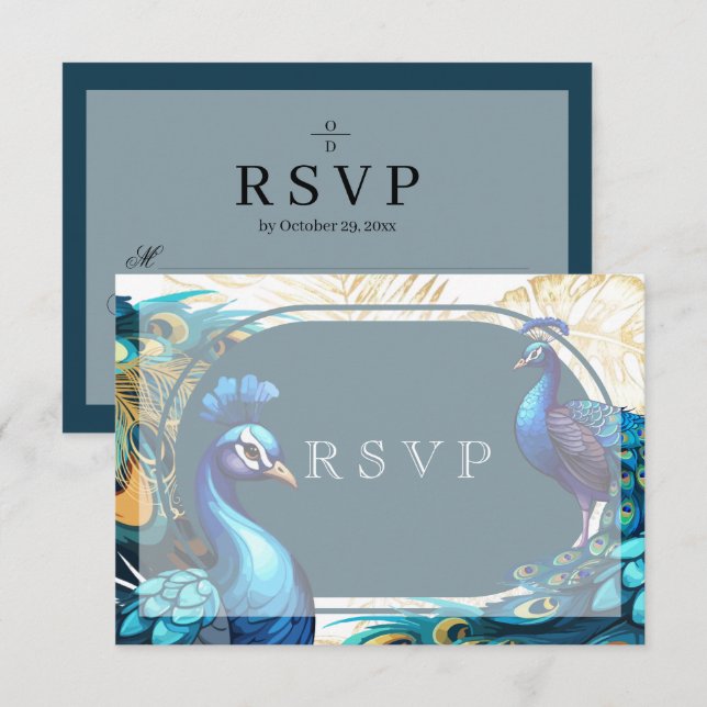 Rsvp Premium Penas de Pavão Casamento  (Frente/Verso)