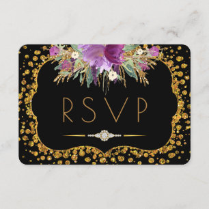RSVP Preto de Confetti Glitter Dourado Floral