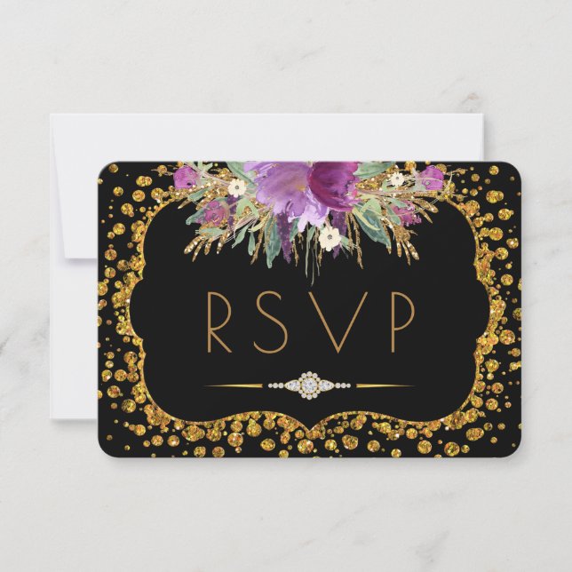 RSVP Preto de Confetti Glitter Dourado Floral (Frente)