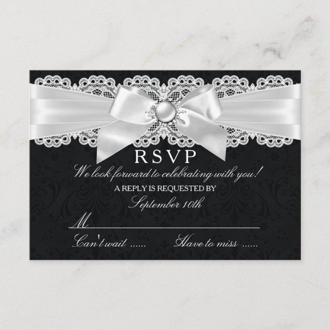RSVP Preto e Branco com Laço de Pérola e Damasco (Frente)