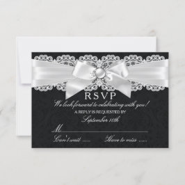 RSVP Preto e Branco com Laço de Pérola e Damasco