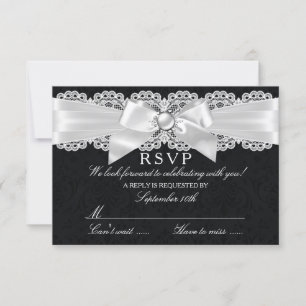 RSVP Preto e Branco com Laço de Pérola e Damasco