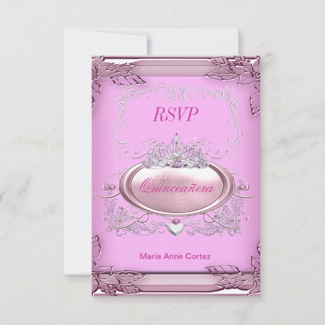 RSVP Quinceañera 15 Birthday Pink White Silver (Frente)