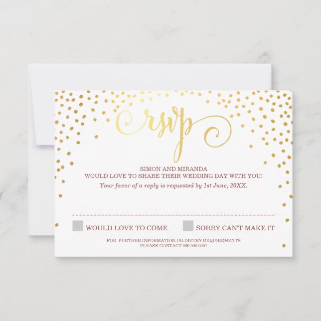 RSVP REPLY na moda fofo mini gold confetti marsala (Frente)