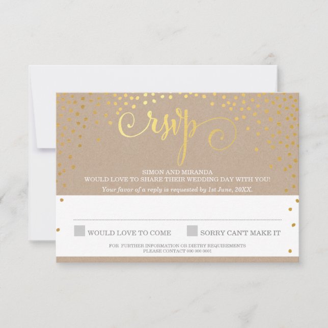 RSVP REPLY na moda rustic mini gold confetti kraft (Frente)