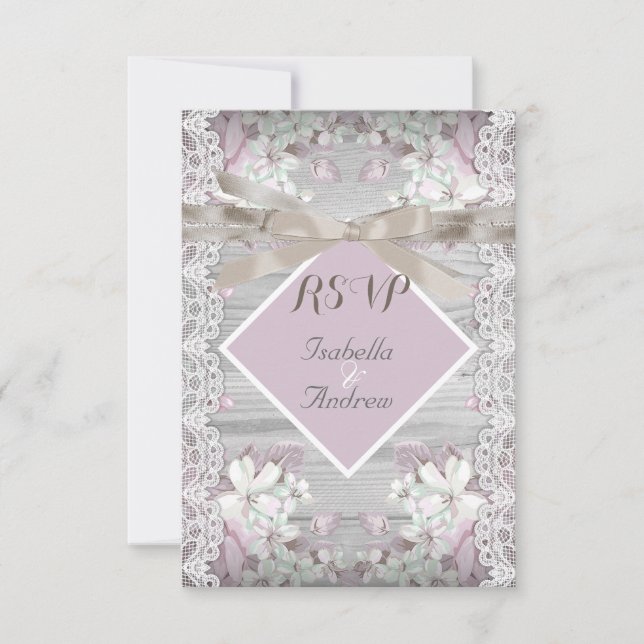 RSVP Rustic Madeira Floral Casamento Renda Branca  (Frente)