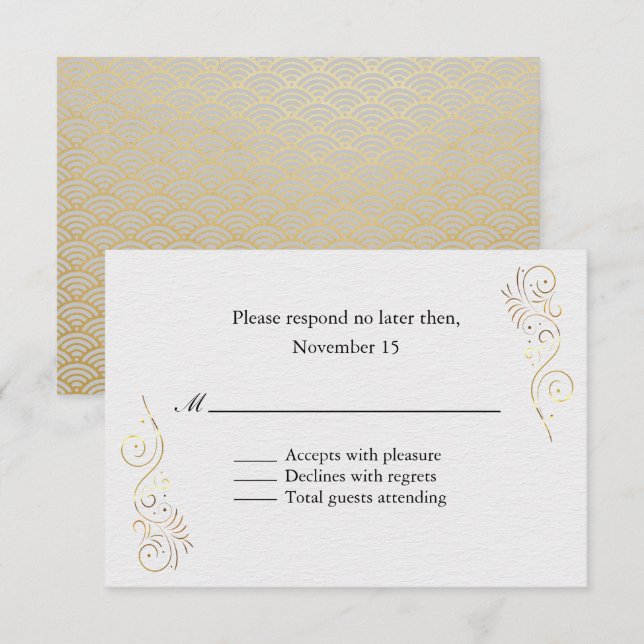 RSVP sofisticado de Casamento Flourado Dourado Lux (Frente/Verso)