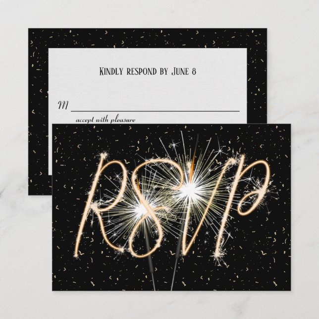 RSVP Sparklers no Convite de Aniversário Negro (Frente/Verso)
