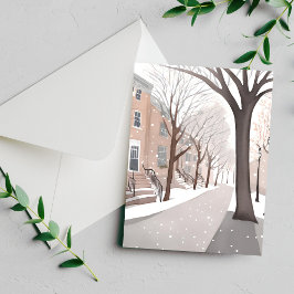 Rua Brownstone | Cartão de Aquarela de Inverno Nev