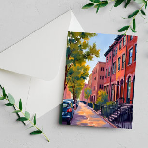 Rua da Cidade Brownstone Boston Cartão Aquarela