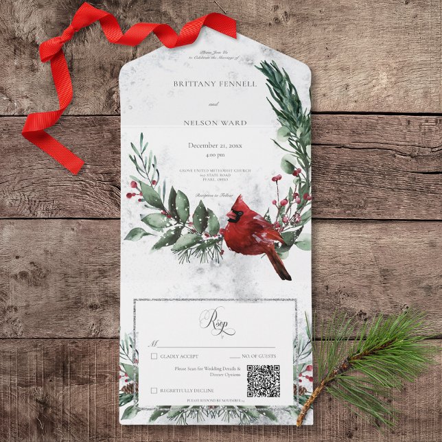 Rua de inverno russa e código QR de cardinal verme (Rustic Winter Wreath & Red Cardinal All In One Wedding Invitation with QR Code)