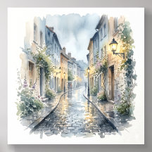 Rua de Pedra Europeia em Dia Chuvoso Aquarela