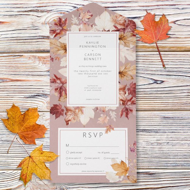 Rua Rústica da Queda Deixa Janto Borgonha (Rustic Wreath of Fall Leaves Burgundy Dinner All In One Invitation)