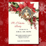 Ruas de Natal, Convites de festas do Dia Banquete<br><div class="desc">Apresentando uma bela imagem de vintage da Rua. Nicholas sobrepôs-se a um spray floral de poinsettia vermelha. Todo texto e fontes podem ser modificados.</div>