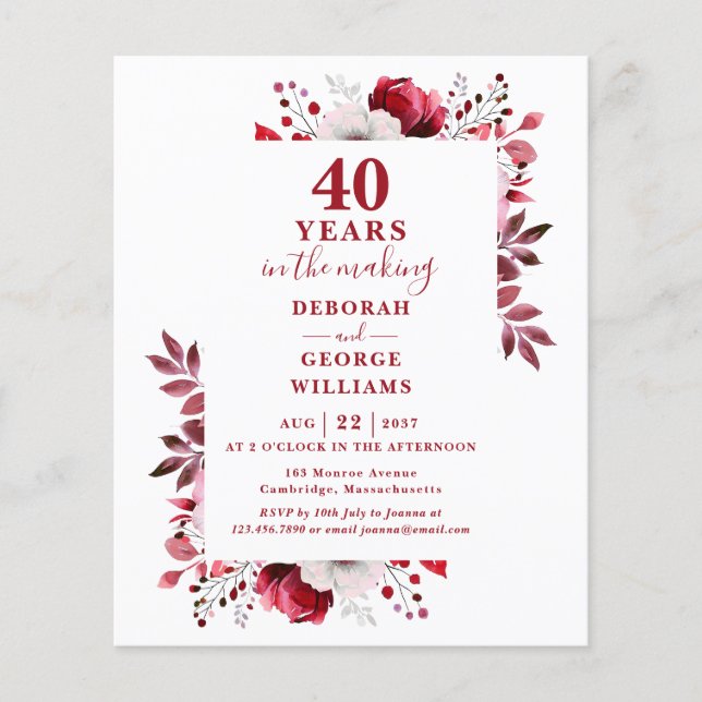 Ruby Budget 40º Aniversário de Casamento Convite F (Frente)