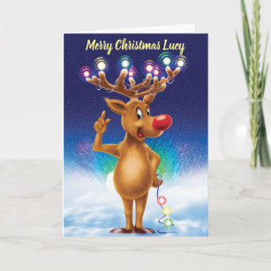 Rudolph com o cartão de Natal feito sob encomenda