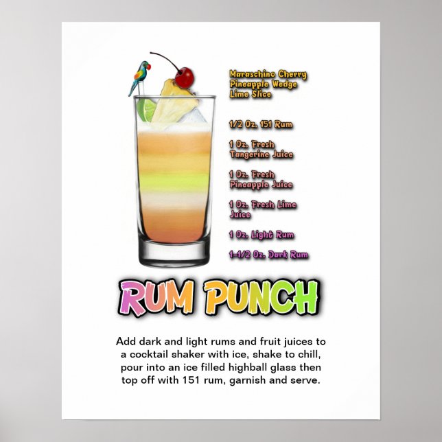 RUM PUNCH Cocktail Receita 16" x 20" Art Poster (Frente)