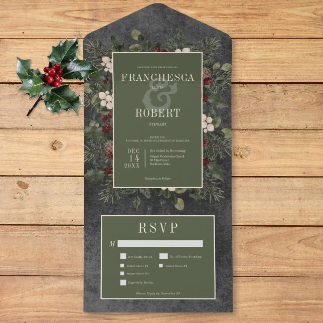 Russo Berries Winter & Pine Black Três Janto (Rustic Winter Berries & Pine Black Three Dinner All In One Invitation)