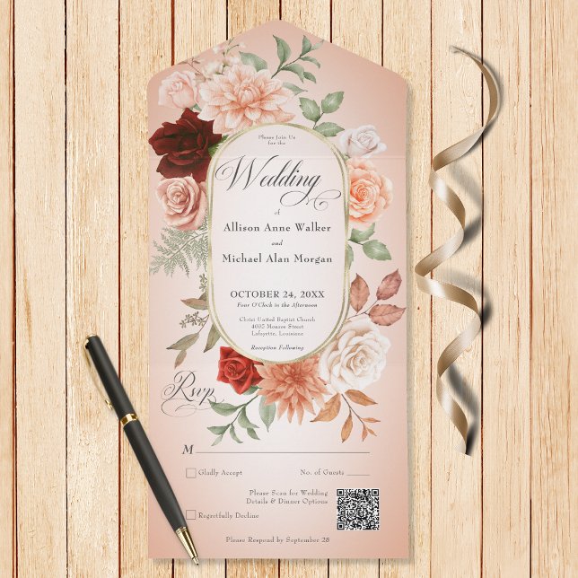 Russo Boho Rust e Peach Floral Oval Blush Código Q (Also available without a QR code; with or without dinner selection options.)