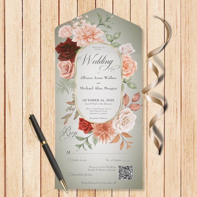 Russo Boho Rust e Peach Floral Oval Código QR (Also available without a QR code; with or without dinner selection options.)