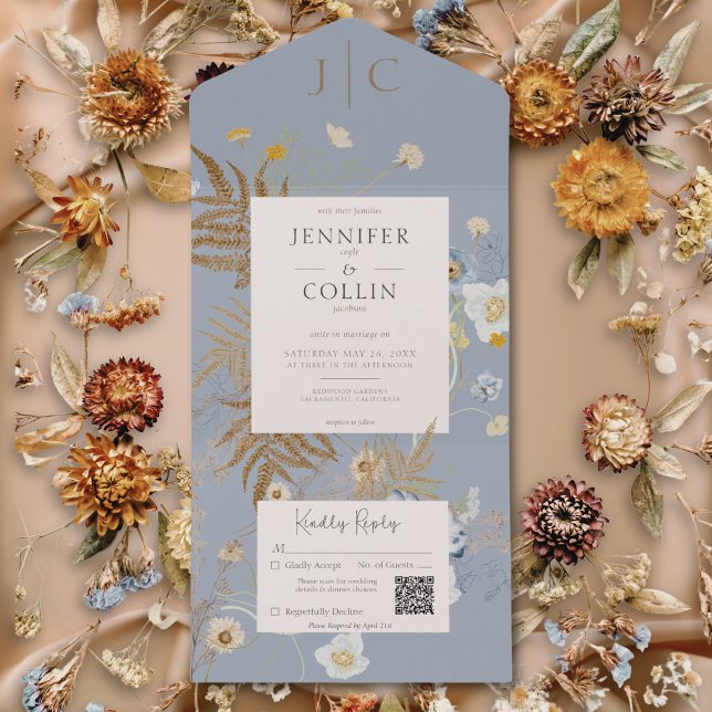 Russo Flores Selvagens Monograma Dusty Código QR (Rustic Wildflowers Monogram Dusty Blue QR Code All In One Invitation)