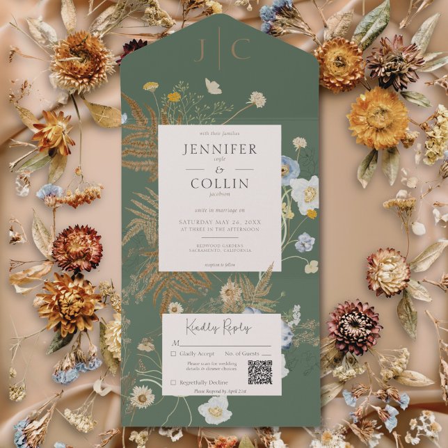 Russo Flores Selvagens Monograma Sage Verde Código (Rustic Wildflowers Monogram Sage Green QR Code All In One Invitation)