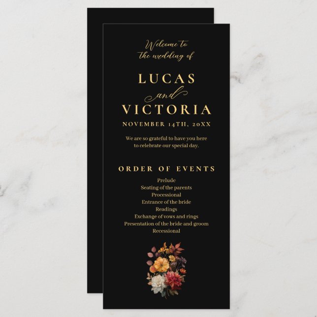 Rust & Bloom Moody Autumn Floral Wedment Program (Frente/Verso)