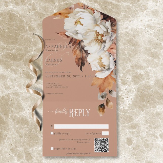 Rust Russo & Cream Fall Floral & Leaves Código QR (Rustic Rust & Cream Fall Floral & Leaves QR Code All In One Invitation)