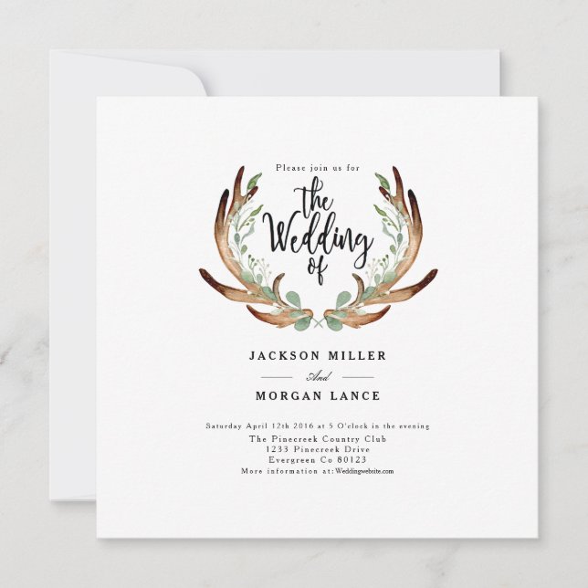 Rustic Antler & Vine | Convite de casamento de aqu (Frente)