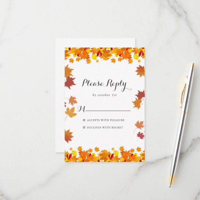Rustic Autumn Leaves Wedding RSVP Card (Frente/Verso In Situ)