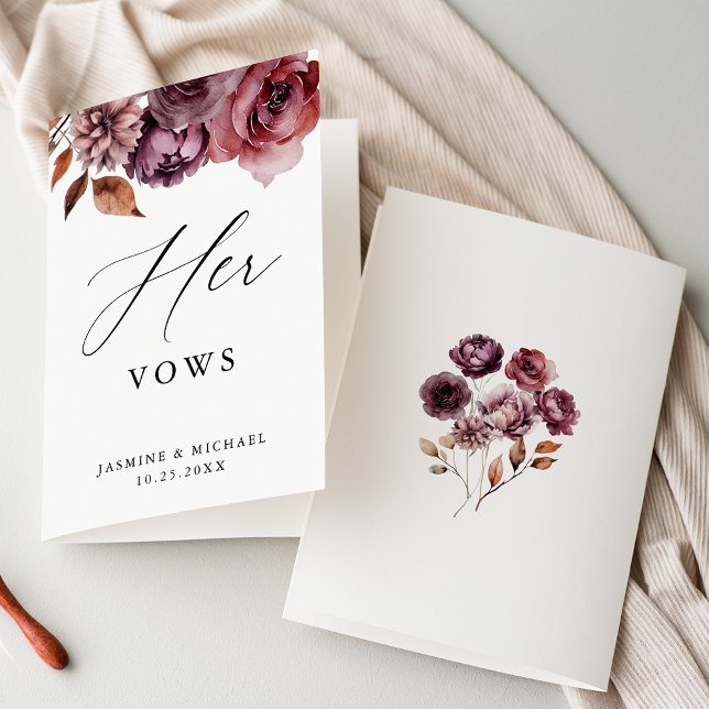 Rustic Autumn Marsala flortou Seu Cartão De Vows D (Front and back views of the Rustic Autumn Marsala Floral "her" vow book.)