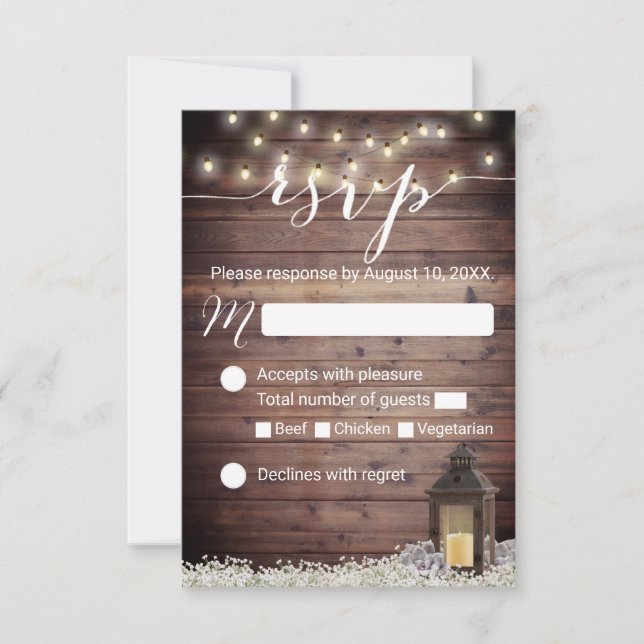 Rustic Barn Lantern String Luzes de Casamento RSVP (Frente)