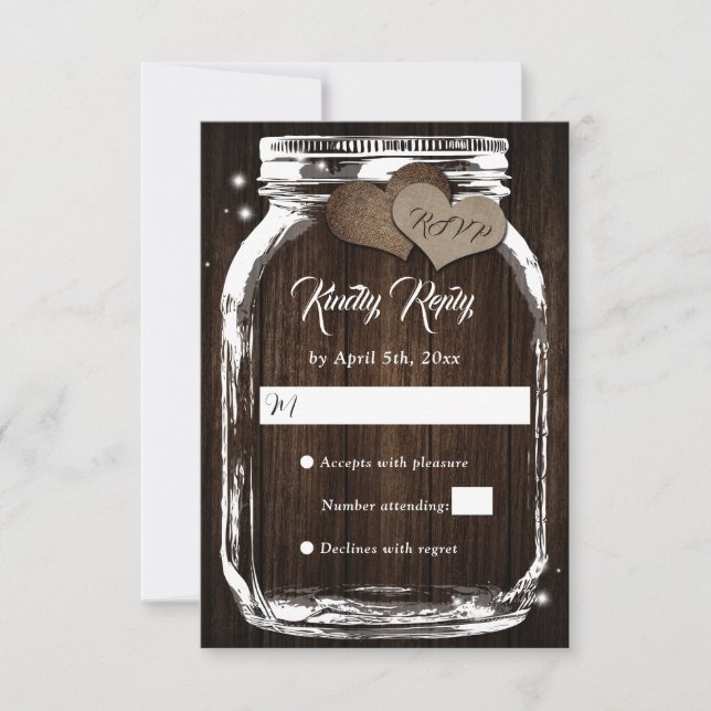 Rustic Barn Wood Hearts Mason Jar Wedding RSVP (Frente)