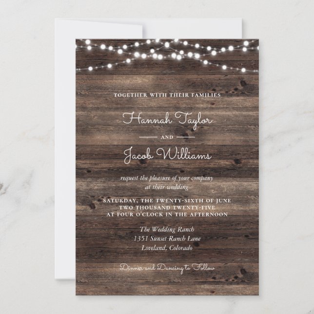 Rustic Barn Wood String Luzes De Casamento Convite (Frente)