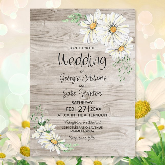 Rustic Barn Wood White Daisies Convite Para Casame (Criador carregado)