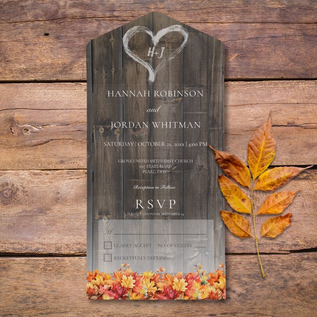 Rustic Barnwood & Fall Deixa Sem Janto (Rustic Barnwood & Fall Leaves All In One Wedding Invitation without Dinner Options)
