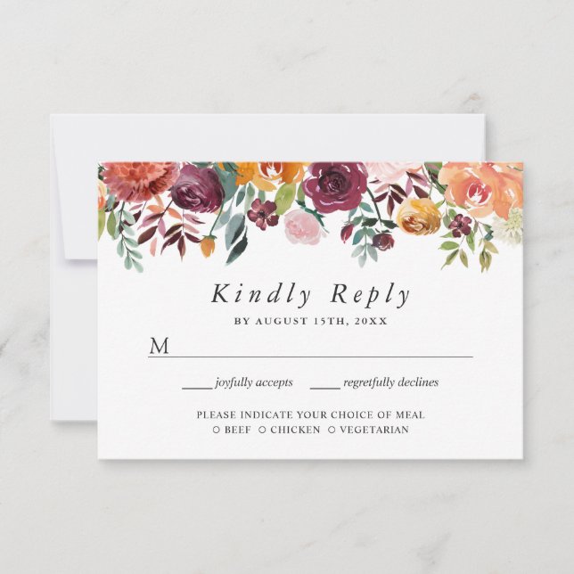 Rustic Bloom Burgundy Blush Orange Floral RSVP (Frente)