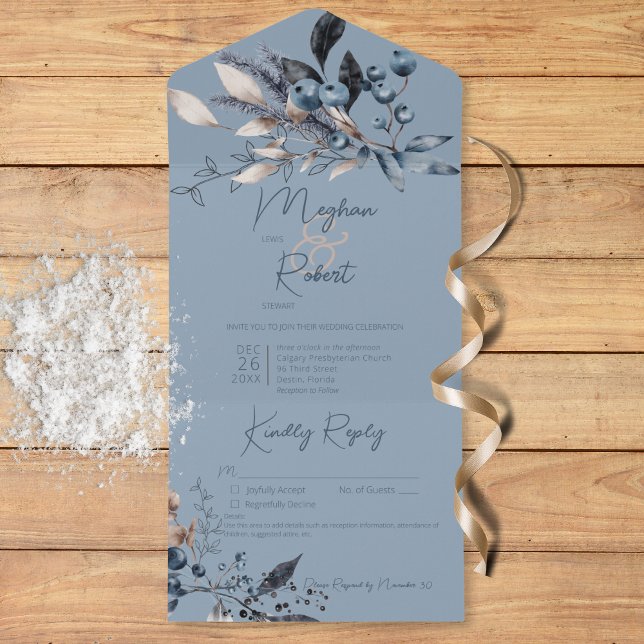 Rustic Blue Foliage Blue (Rustic Blue Winter Foliage Blue Details All In One Invitation)