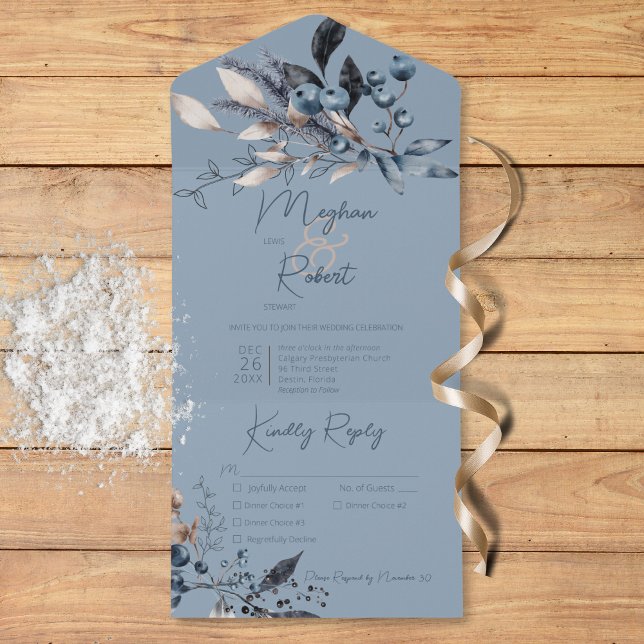 Rustic Blue Winter Foliage Blue Três Janto (Rustic Blue Winter Foliage Blue Three Dinner All In One Invitation)