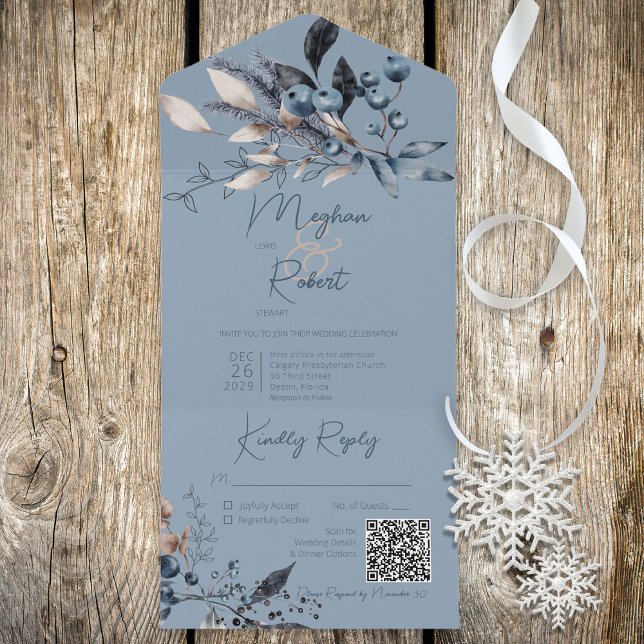Rustic Blue Winter Foliage Código QR (Also available without a QR code; with or without dinner selection options.)