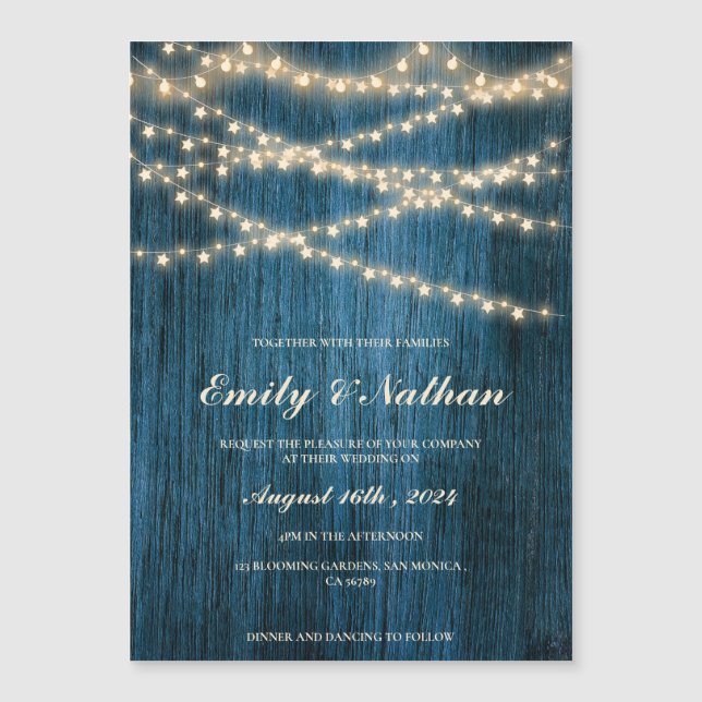 Rustic Blue Wood String Luzes De Casamento Convite (Frente)