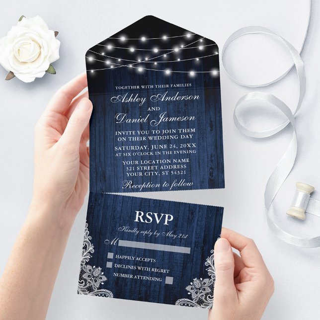 Rustic Blue Wood String Luzes Lace Casamento (All In One Wedding Invitation with tear off RSVP Card)