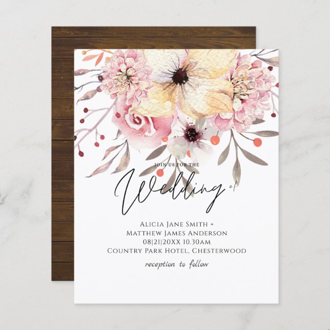 Rustic Blush Pink Floral Sage Budget Casamento Inv (Frente/Verso)