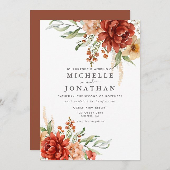 Rustic Boho Fall Flowers Convite De Casamento (Frente/Verso)