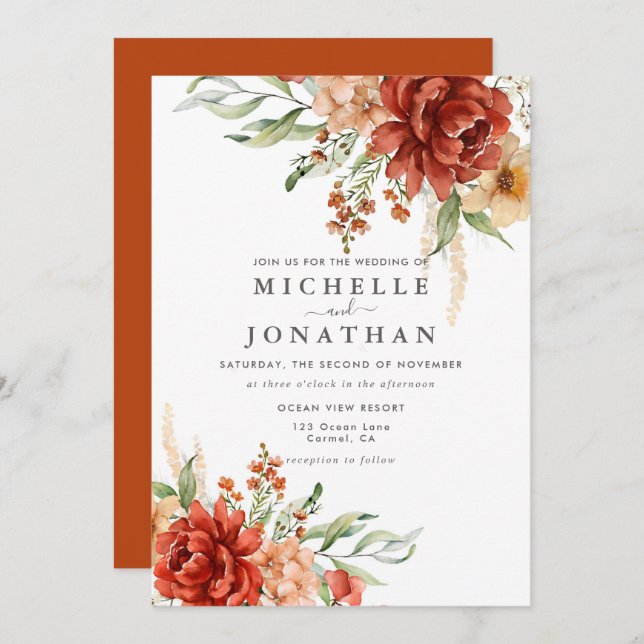 Rustic Boho Fall Flowers Convite De Casamento (Frente/Verso)