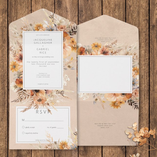 Rustic Boho Fall Peach & Rust Floral No Janta (Rustic Boho Fall Peach & Rust Floral No Dinner All In One Invitation)
