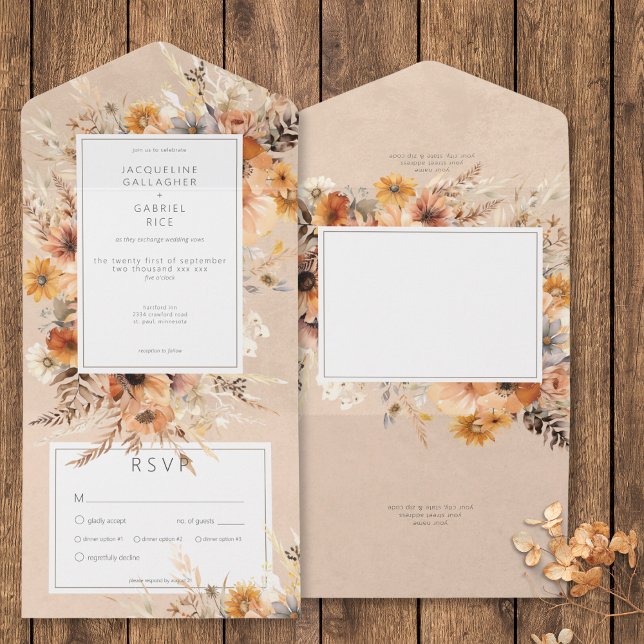Rustic Boho Fall Peach & Rust Janta Floral (Rustic Boho Fall Peach & Rust Floral Dinner All In One Invitation)