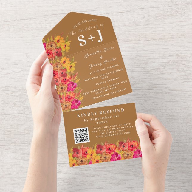 Rustic Boho Orange Terracotta Floral Weding RSVP (Aba destacável)