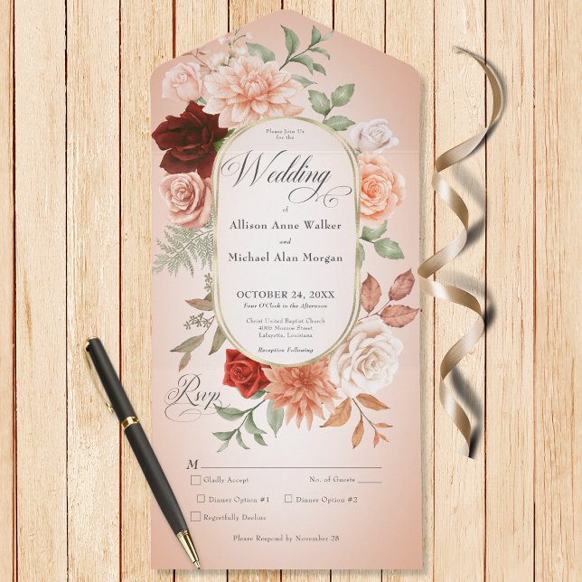 Rustic Boho Rust & Peach Floral Oval Janto Blush (Also available with a QR code or without dinner selection options.)