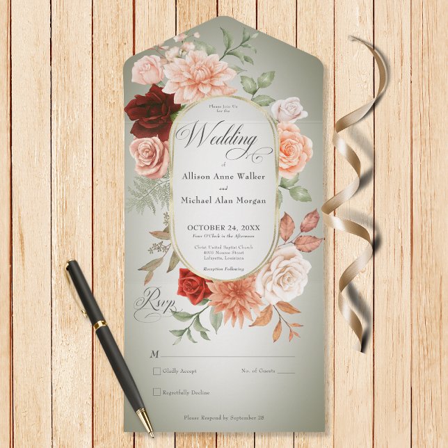 Rustic Boho Rust Peach Floral Oval Sage No Janta (Also available with a QR code or with dinner selection options.)